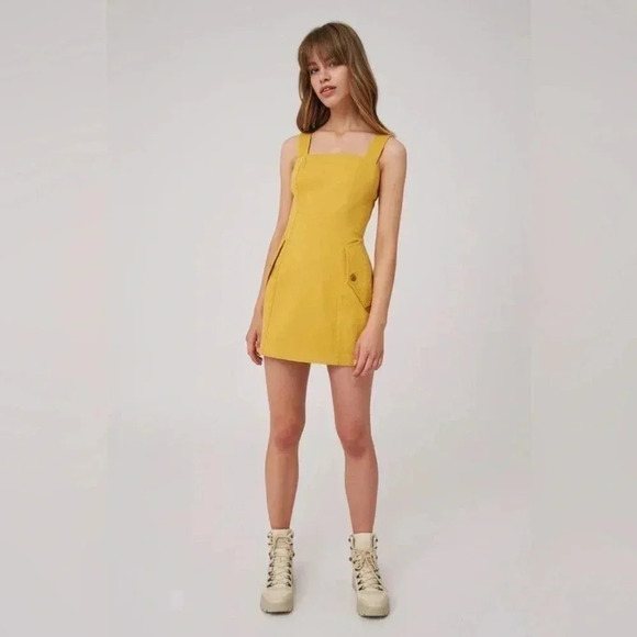 The Fifth Label - Mustard Yellow Overall Cargo Denim Mini Dress - Picture 1 of 8